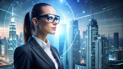 Fototapeta premium A woman wearing smart glasses and a sleek, modern suit, standing in front of a futuristic cityscape, symbolizing advanced surveillance technology. 