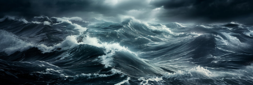 Stormy ocean with towering waves and dark clouds, capturing the raw power and turbulence of the sea during a tempestuous weather event