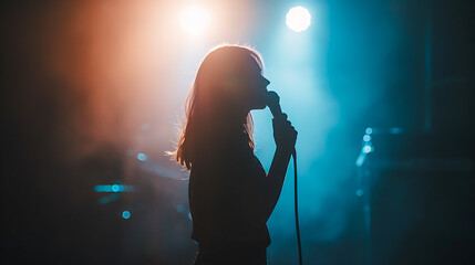 Obraz premium Silhouette of a Singer Performing on Stage with Colorful Lights