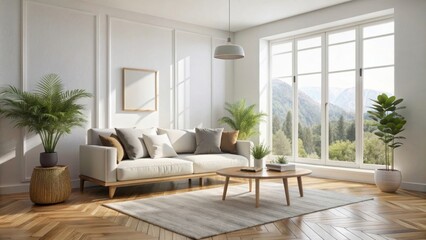  White minimalist room interior with sofa on a wooden floor, decor on a large wall, white landscape in window. Home nordic interior. 3D illustration