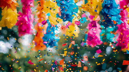 Colorful hanging decorations and confetti in the air