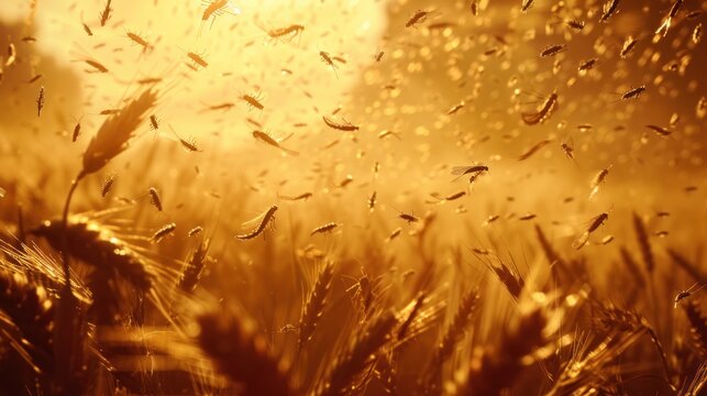 swarm of locusts descending upon a field of wheat, 