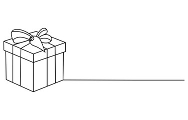 gift box with bow and ribbon line art style vector illustration, One Continuous line drawing of Christmas Present box with ribbon and bow. Festive gift and Wrapped birthday surprise package in simple