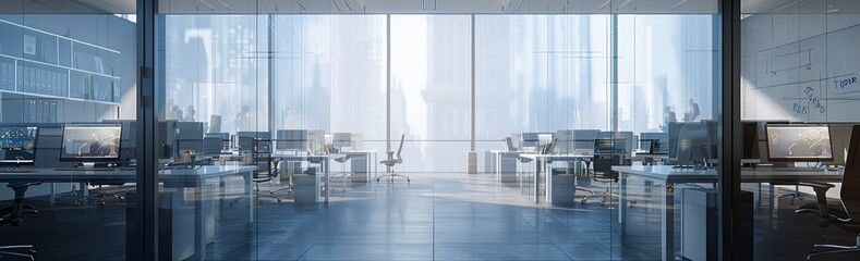 3D rendering of a modern office interior with glass walls 