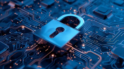 Metallic padlock on a digital circuit board representing cybersecurity