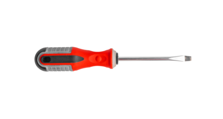 Isolated screwdriver on white background, tool with handle and head. Equipment for carpenter, builder, mechanic. Screw driver for business maintenance and repair work.