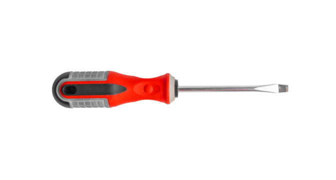 Isolated screwdriver on white background, tool with handle and head. Equipment for carpenter, builder, mechanic. Screw driver for business maintenance and repair work.