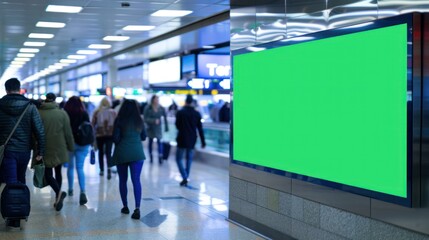 green screen panel billboard mounted on a wall in a busy airport concourse, 