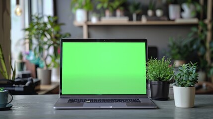 Fototapeta premium a modern laptop with a vibrant green screen, surrounded by office supplies and a steaming cup of coffee, 