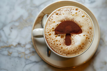 Mushroom coffee. A cup of coffee with a mushroom design latte art on the top
