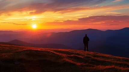 Obraz premium A lone hiker silhouetted against a breathtaking mountain sunset, 
