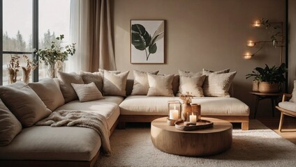 Modern house interior details. Simple cozy beige living room interior with sofa, decorative pillows, wooden table with candles and natural decoration