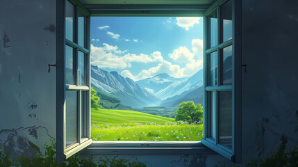 Lush Green Valley Outside Open Window