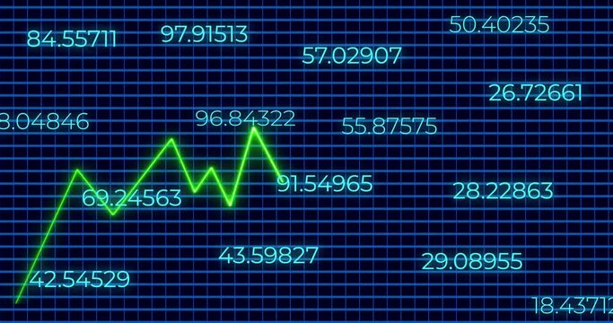 financial growth market graph on a monitor with the random prices increase and decreases number with the green line moving upward on blue grid background