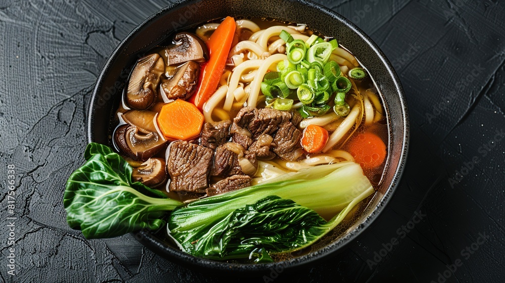 Wall mural Asia style ramen soup with udon noodle, beef and carrots on black background. AI Generative - Wall murals