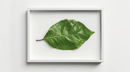 a single green leaf, framed in a minimalist white frame, 