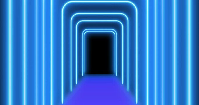 abstract tunnel with sky blue light neon laser round rectangle frame glowing looped vertical tunnel  animation on black background