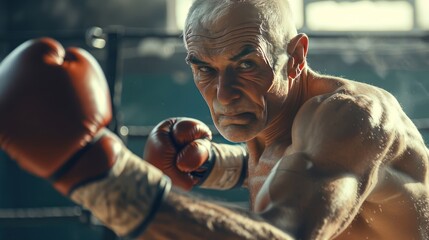 A senior boxer training in the gym, 