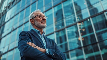 A senior male businessman standing confidently in front of a modern skyscraper,  - Powered by Adobe