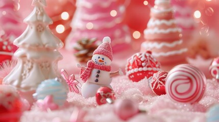 Soft Pink Holiday Festivities: Design a festive holiday background with soft pink tones, showcasing vibrant decorations, joyful celebrations, and playful holiday characters in a portrait orientation. 