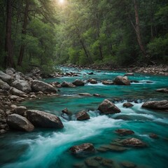 "Find peace and harmony on Summer Solstice Day."Background: Turquoise river flowing through a forest.
