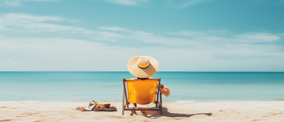 back view woman sit at chair on the beach