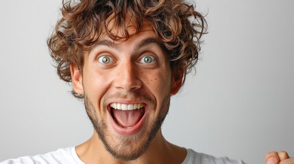 A man with curly hair contorts his face into a humorous expression, showcasing his playful side