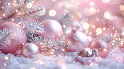 Soft Pink Holiday Magic: Design a magical holiday background with soft pink tones, featuring twinkling lights, shimmering ornaments, and a touch of holiday enchantment in a portrait format