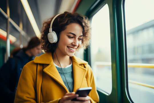 Smile happy African woman with headphone listen music in pubic transportation