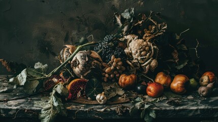decaying fruits and vegetables, their colors muted and textures softened,