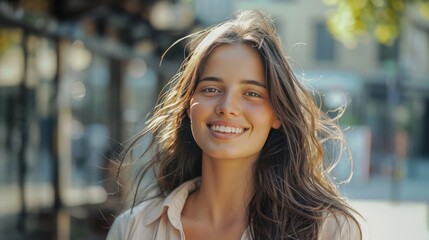 Fototapeta premium young woman with flowing hair and a warm smile stands confidently 
