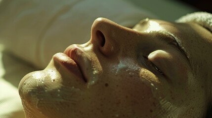 The close up picture of the person with closed eye received spa treatment and relax by sleep, the good spa treatment should have skincare procedure, body treatment and relaxation techniques. AIG43.