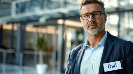 Obraz premium Dad businessman with a portrait of a successful business man at work in open space office who is also a loving father