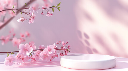 a white podium on a pink surface, with a branch of pink cherry blossoms
