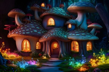 Fototapeta premium Fabulous house inside mushrooms in a magical forest