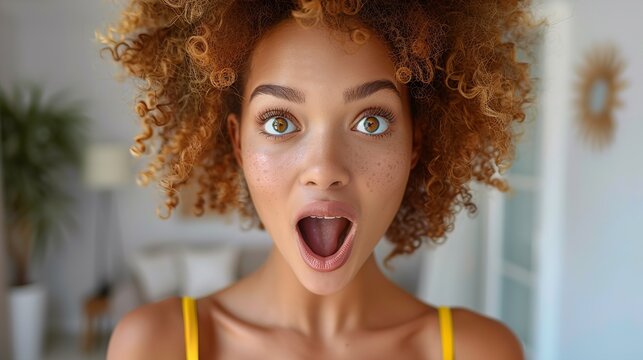 A woman with a surprised expression in front of a camera