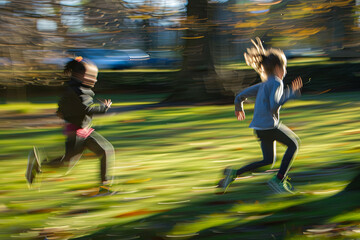 Children running and playing in a park, with blurred trails capturing their liveliness and boundless energy