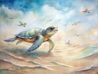 A baby turtle making its way across a sandy beach, painted in soft, muted watercolors with seagulls soaring overhead.