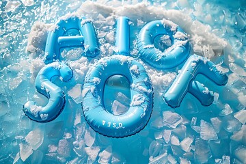Winter season background with iced water with winter word written with blue inflatable pool floats