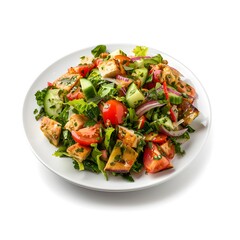 Fattoush on White Plate Isolated on White Background : Suitable for Be Used in Blog Posts, Social Media Posts or Website Content Related to Food and Beverages.
