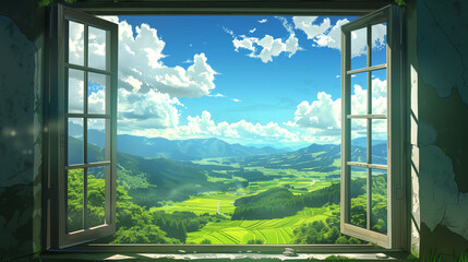 Fototapeta premium Lush Green Valley Outside Open Window