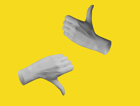 Social media concept, thumb up, thumb down gestures. People hand showing approval, disagreement. Emotion of like and dislike, good and bad review. Black and white thumbs, voting, public opinion.