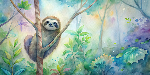 Naklejka premium A gentle sloth hanging from a branch, depicted in a serene watercolor forest setting