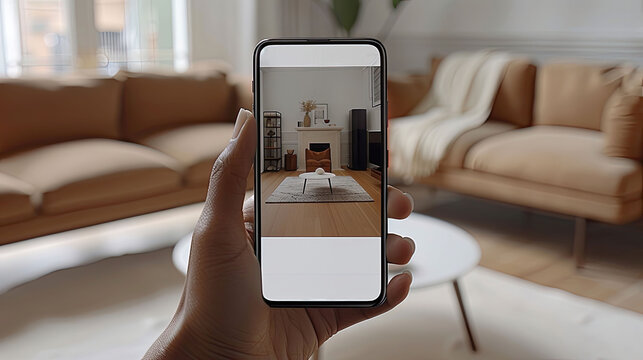 A person is holding a phone up to a picture of a living room