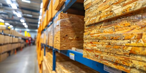 Hardware store warehouse with neatly stacked OSB sheets ready for purchase. Concept Hardware Store, Warehouse, OSB Sheets, Neatly Stacked, Ready for Purchase
