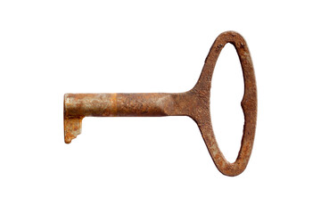 An antique iron key on a white background. Close-up of an old rusty key.