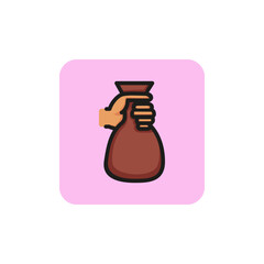 Line icon of hand holding sack. Earning, deposit, fund. Money concept. For topics like business, finance, banking