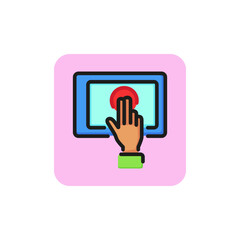 Icon of hand using touchscreen. Alert, input, click. Gadget concept. Can be used for topics like activation, evacuation, technology