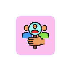 Line icon of hand holding magnifying glass and researching group of people. Customer discovery, hiring, target client. Hr management concept. For topics like business, commerce, recruitment