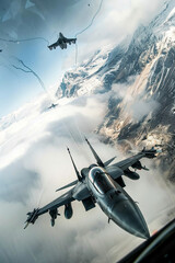 Naklejka premium Fighter jets soaring through a combat zone, evoking the intensity and high stakes of warfare